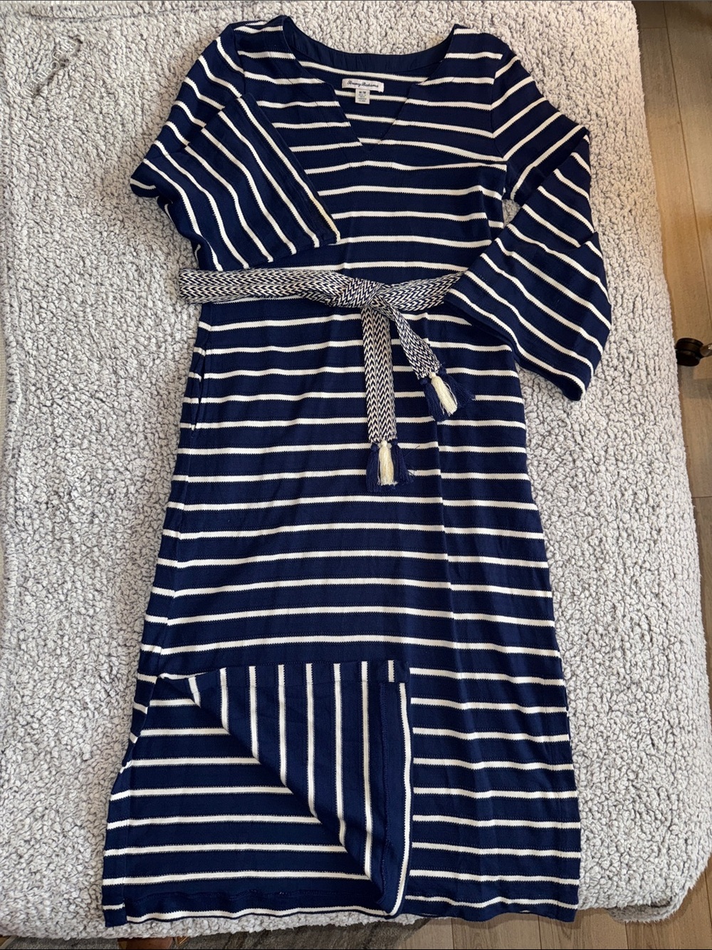 Tommy Bahama Royal Blue & White Striped Midi Dress with Woven Tassel Belt